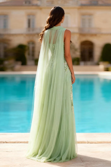 Dusty Sage Appliqued A Line Prom Dress with Cape